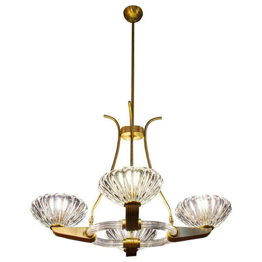 Art Deco Brass Mounted Murano Glass Chandelier by Ercole Barovier, 1940