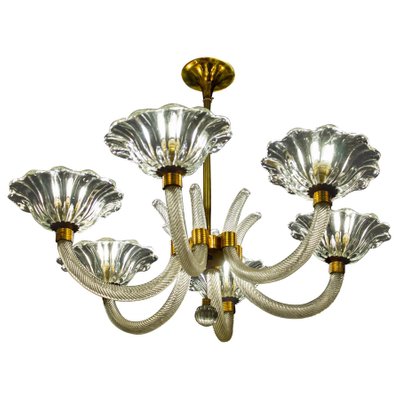 Art Deco Brass Mounted Murano Glass Chandelier by Ercole Barovier, 1940s-MBH-1031633