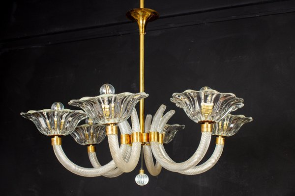 Art Deco Brass Mounted Murano Glass Chandelier by Ercole Barovier, 1940s-MBH-1031633