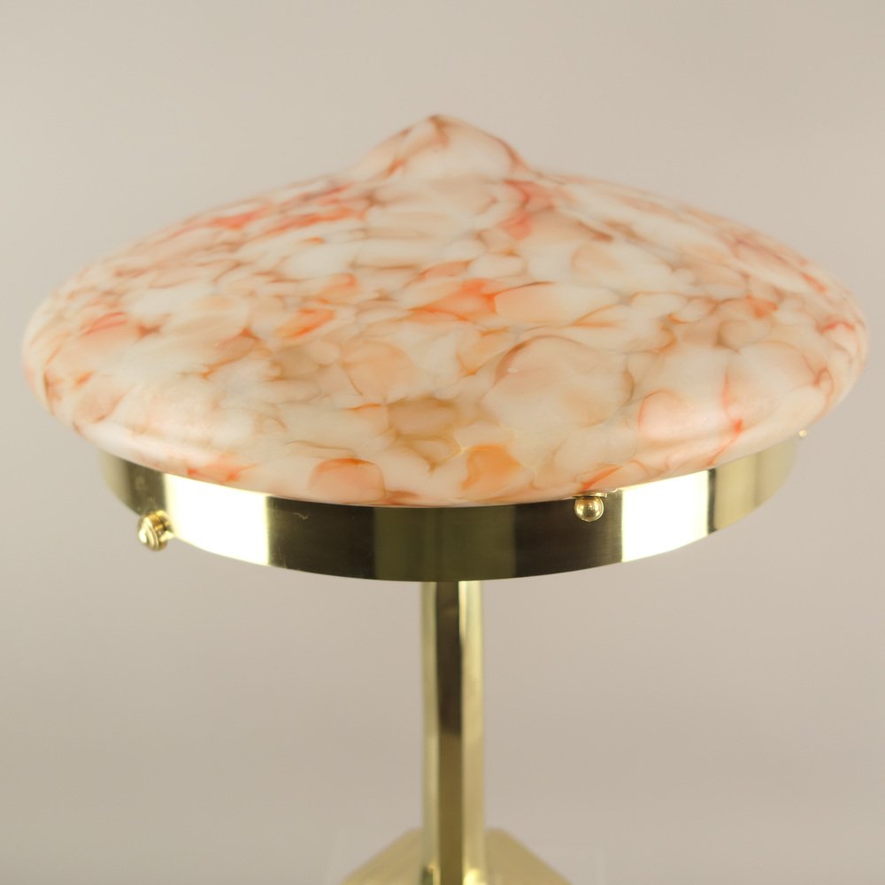 Art Deco Brass Table Lamp with Colored Marbled Glass Shade, Vienna, 1930s