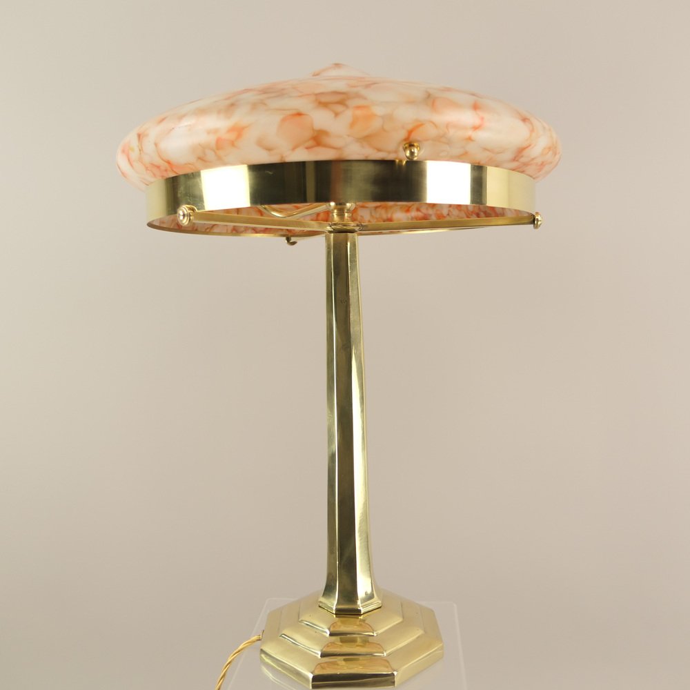 Art Deco Brass Table Lamp with Colored Marbled Glass Shade, Vienna, 1930s