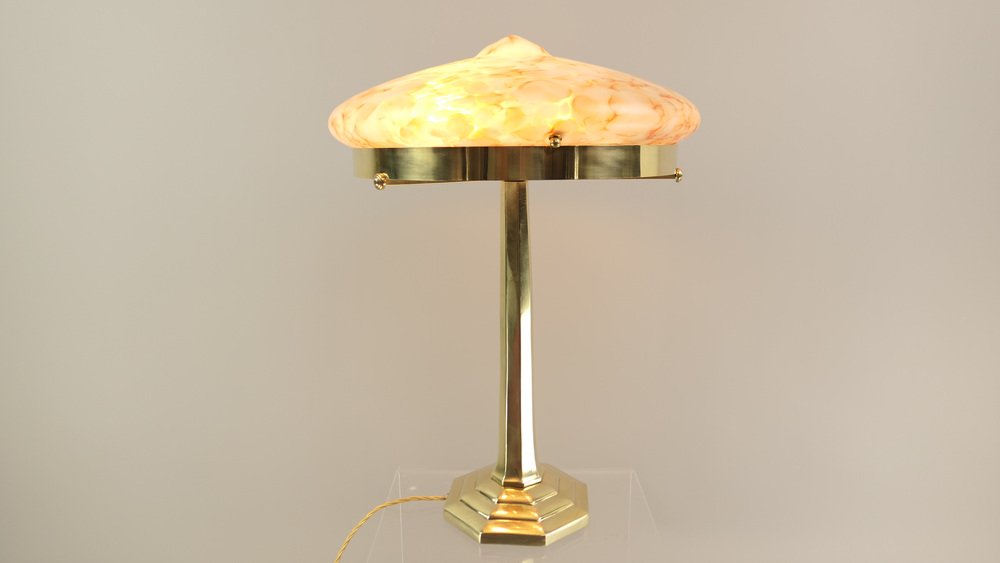 Art Deco Brass Table Lamp with Colored Marbled Glass Shade, Vienna, 1930s