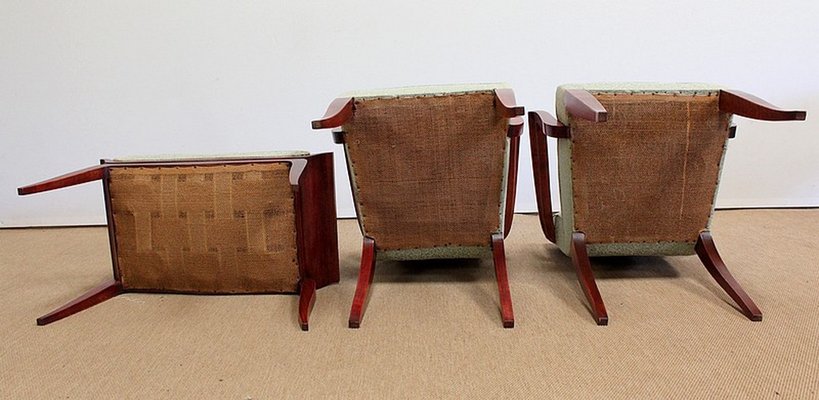 Art Deco Bridge Armchairs and Stool, 1940s, Set of 3-RVK-1009291