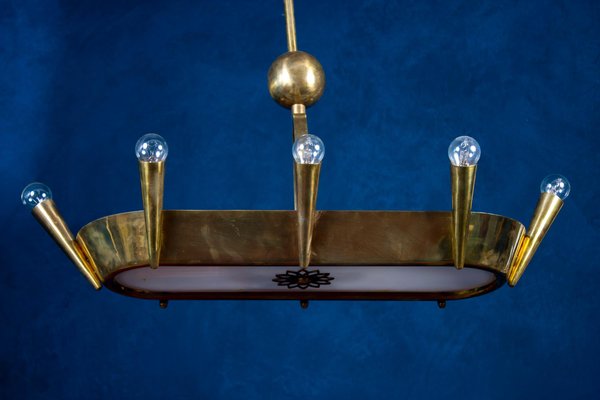 Art Deco Bronze and Opaline Glass Chandelier, Italy, 1930-MBH-1159776