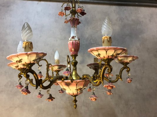 Art Deco Bronze and Porcelain Chandelier, 1920s-SDV-674858