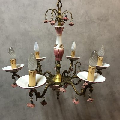 Art Deco Bronze and Porcelain Chandelier, 1920s-SDV-674858