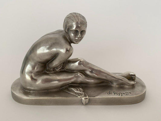 Art Deco Bronze Argente Crouching Woman the Surprise by De Possesse, 1930s