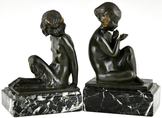 Art Deco Bronze Bookends Faun and Girl with Grapes by Pierre Laurel, 1925, Set of 2