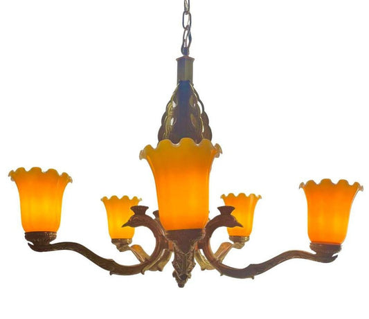 Art Deco Bronze Chandelier Details with 5 Glass Shades, 1930s