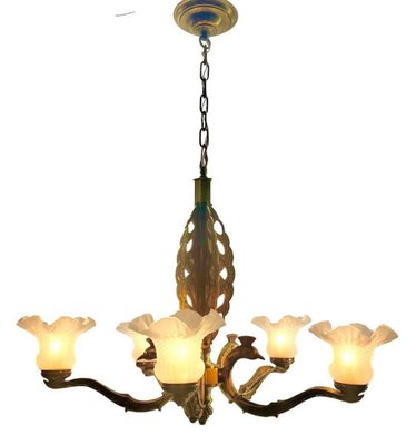 Art Deco Bronze Chandelier Details with 5 Glass Shades, 1930s-MJY-1704305