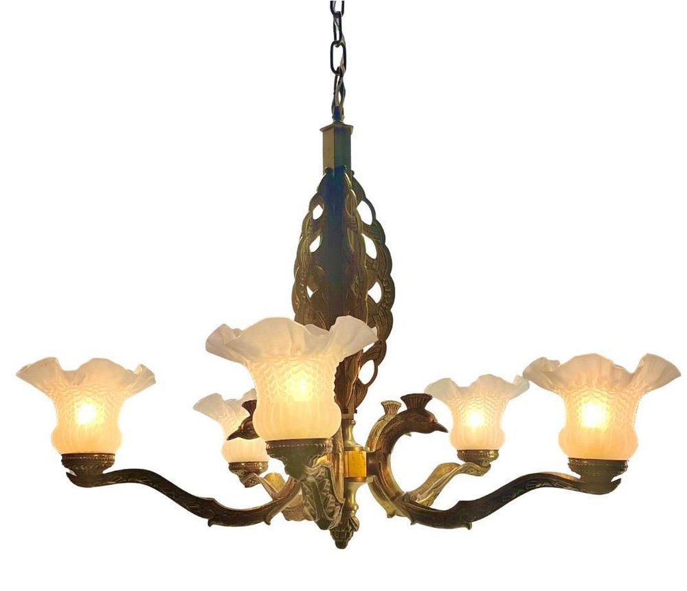 Art Deco Bronze Chandelier Details with 5 Glass Shades, 1930s