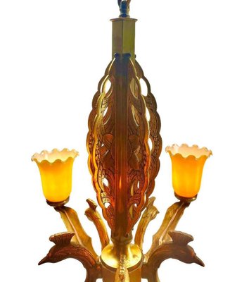 Art Deco Bronze Chandelier Details with 5 Glass Shades, 1930s-MJY-1704305