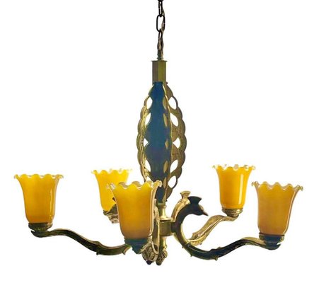 Art Deco Bronze Chandelier Details with 5 Glass Shades, 1930s-MJY-1704305