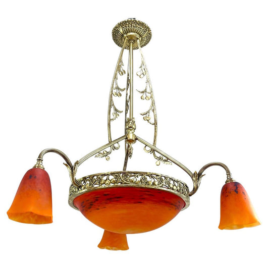 Art Deco Bronze Chandelier Signed attributed to Schneider, 1930s