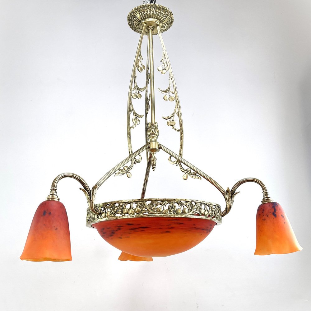 Art Deco Bronze Chandelier Signed attributed to Schneider, 1930s