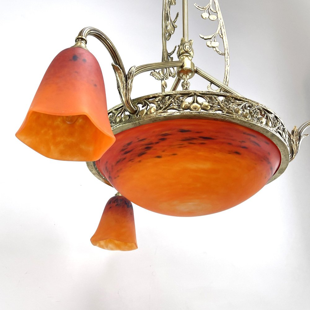 Art Deco Bronze Chandelier Signed attributed to Schneider, 1930s