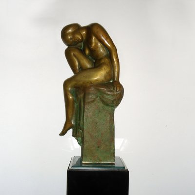 Art Deco Bronze Crouching Bathing Girl, France, 1930s-YGE-1273671