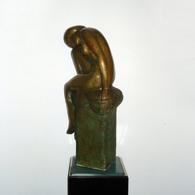 Art Deco Bronze Crouching Bathing Girl, France, 1930s-YGE-1273671