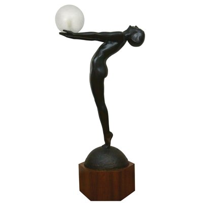 Art Deco Bronze Lamp Life Size Clarte Standing Nude with Globe by Max Le Verrier with Foundry Mark 186 Cm.-KTN-1251469