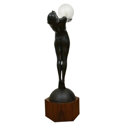 Art Deco Bronze Lamp Life Size Clarte Standing Nude with Globe by Max Le Verrier with Foundry Mark 186 Cm.-KTN-1251469