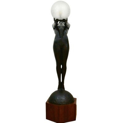 Art Deco Bronze Lamp Life Size Clarte Standing Nude with Globe by Max Le Verrier with Foundry Mark 186 Cm.-KTN-1251469