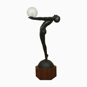 Art Deco Bronze Lamp Life Size Clarte Standing Nude with Globe by Max Le Verrier with Foundry Mark 186 Cm.-KTN-1251469