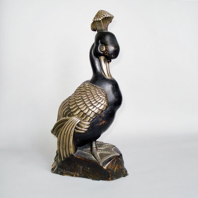 Art Deco Bronze Mandarin Duck with Tuft Sculpture by Marie Louise Simard, 1920s-YGE-663437