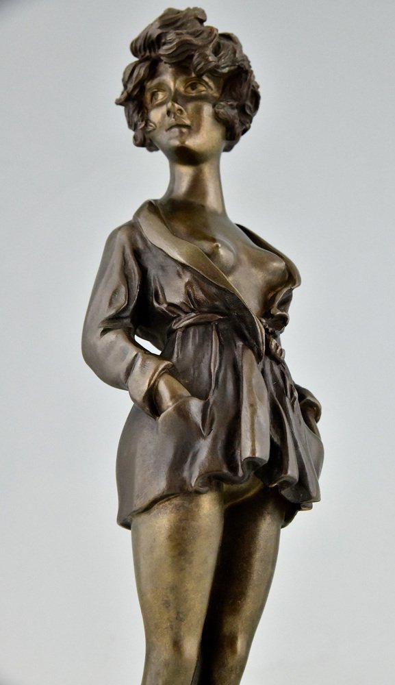 Art Deco Bronze Partial Nude Figure in Dressing Gown by Maurice Milliere