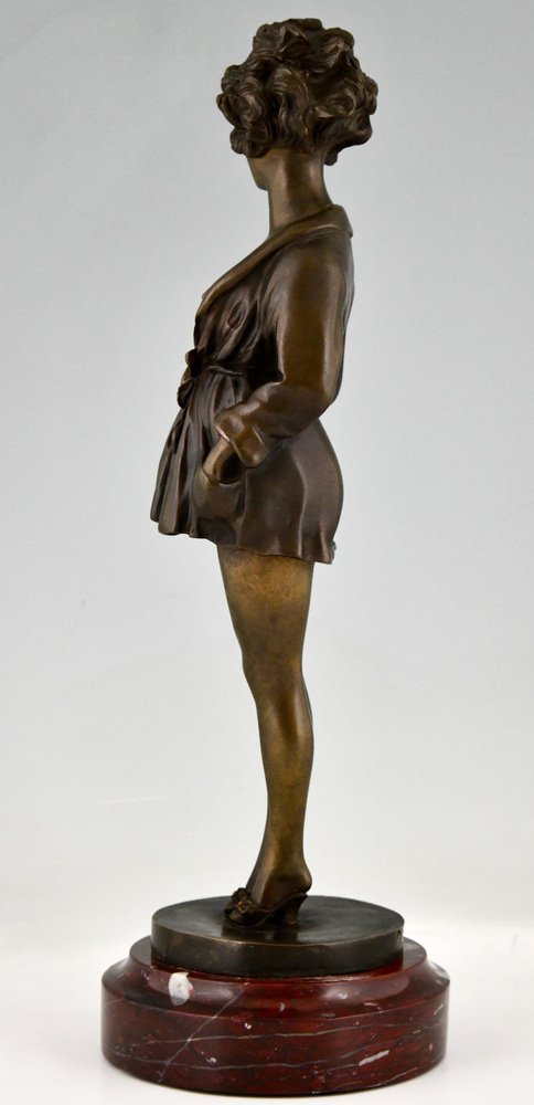 Art Deco Bronze Partial Nude Figure in Dressing Gown by Maurice Milliere