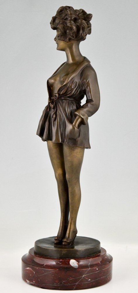 Art Deco Bronze Partial Nude Figure in Dressing Gown by Maurice Milliere