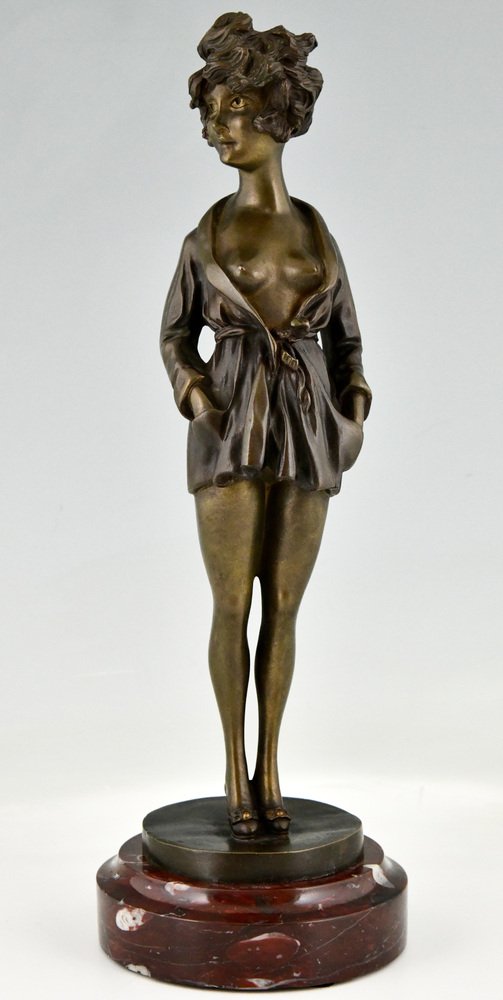 Art Deco Bronze Partial Nude Figure in Dressing Gown by Maurice Milliere