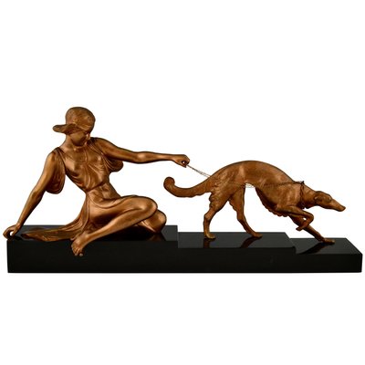 Art Deco Bronze Sculpture of Lady with Greyhound Dog by Armand Godard, France, 1930-KTN-1360381