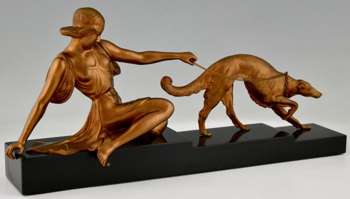 Art Deco Bronze Sculpture of Lady with Greyhound Dog by Armand Godard, France, 1930-KTN-1360381