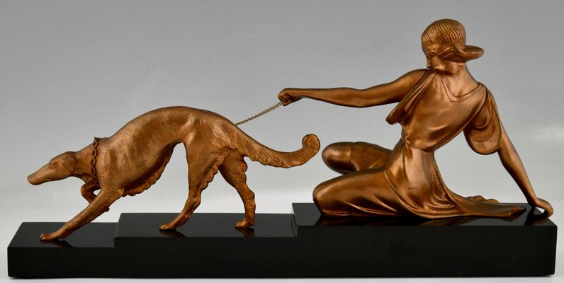 Art Deco Bronze Sculpture of Lady with Greyhound Dog by Armand Godard, France, 1930-KTN-1360381