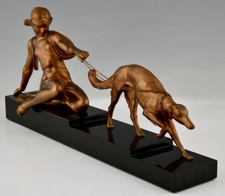 Art Deco Bronze Sculpture of Lady with Greyhound Dog by Armand Godard, France, 1930-KTN-1360381