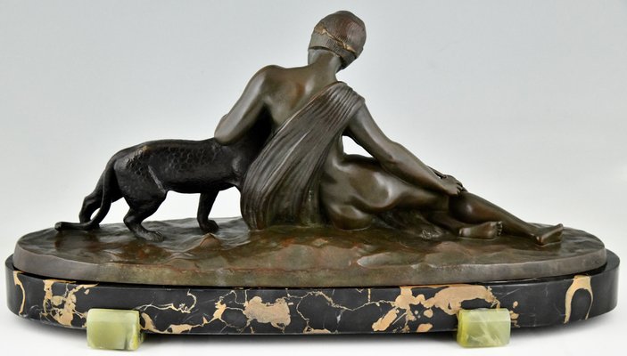 Art Deco Bronze Sculpture of Woman with Panther by C. Charles, 1930-KTN-1341658