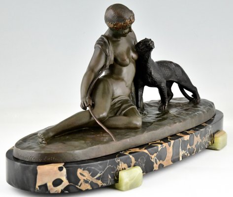 Art Deco Bronze Sculpture of Woman with Panther by C. Charles, 1930-KTN-1341658