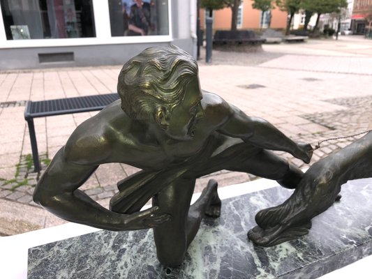 Art Deco Bronze Sculpture with Marble Pedestal, 1930s-QVR-1092162