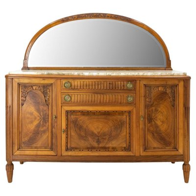 Art Deco Buffet Credenza Cabinet Walnut Marble Top with Semicircle Mirror, 1930s-RIU-1329248