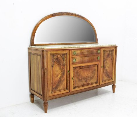 Art Deco Buffet Credenza Cabinet Walnut Marble Top with Semicircle Mirror, 1930s-RIU-1329248