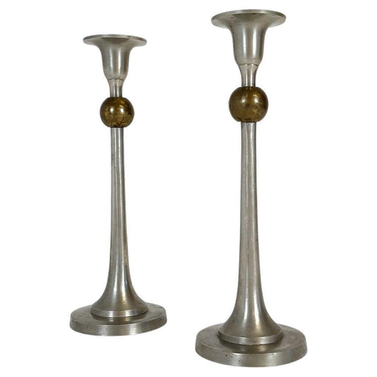 Art Deco Candelholders in Pewter and Brass, Sweden, 1930s, Set of 2