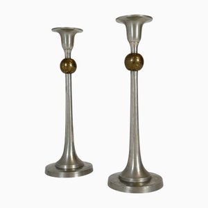 Art Deco Candelholders in Pewter and Brass, Sweden, 1930s, Set of 2-UYK-1151603