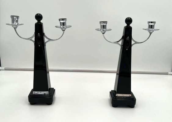 Art Deco Candlesticks in Black Lacquer, Oak & Nickel, Netherlands, 1930s, Set of 2-NNB-1168386