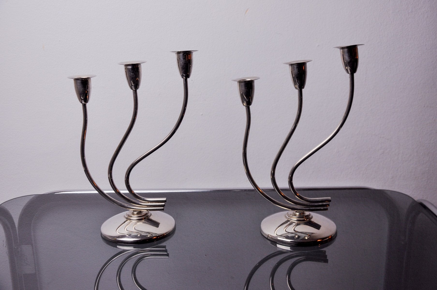 Art Deco Candlesticks in Stainless Steel, Spain, 1970s, Set of 2