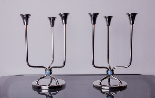 Art Deco Candlesticks in Stainless Steel with 3 Flames and Blue Stones, Spain, 1970s