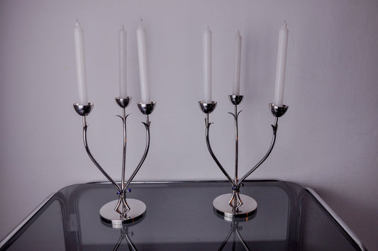 Art Deco Candlesticks in Stainless Steel with 3 Flames and Blue Stones, Spain, 1970s, Set of 2