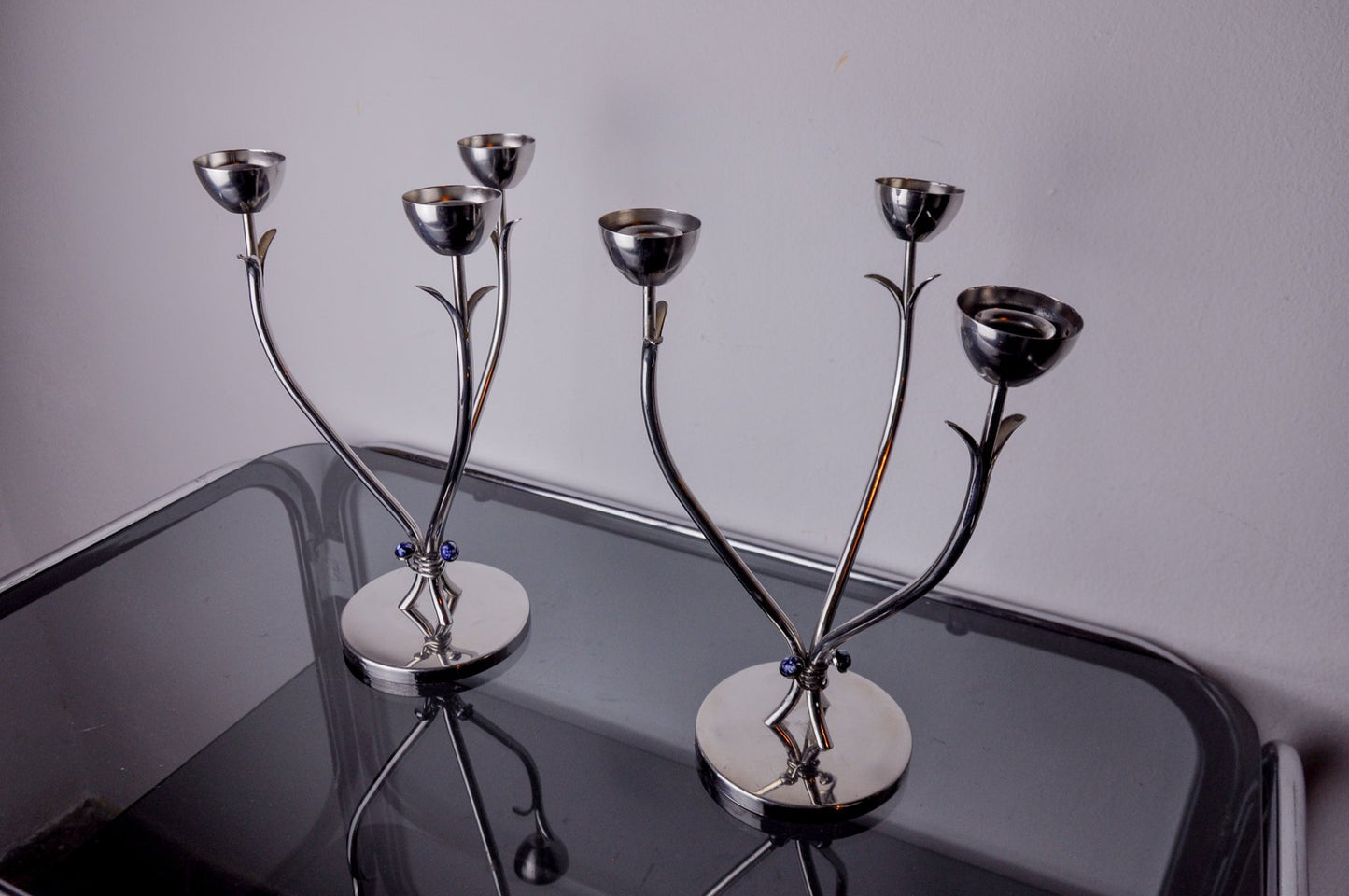 Art Deco Candlesticks in Stainless Steel with 3 Flames and Blue Stones, Spain, 1970s, Set of 2