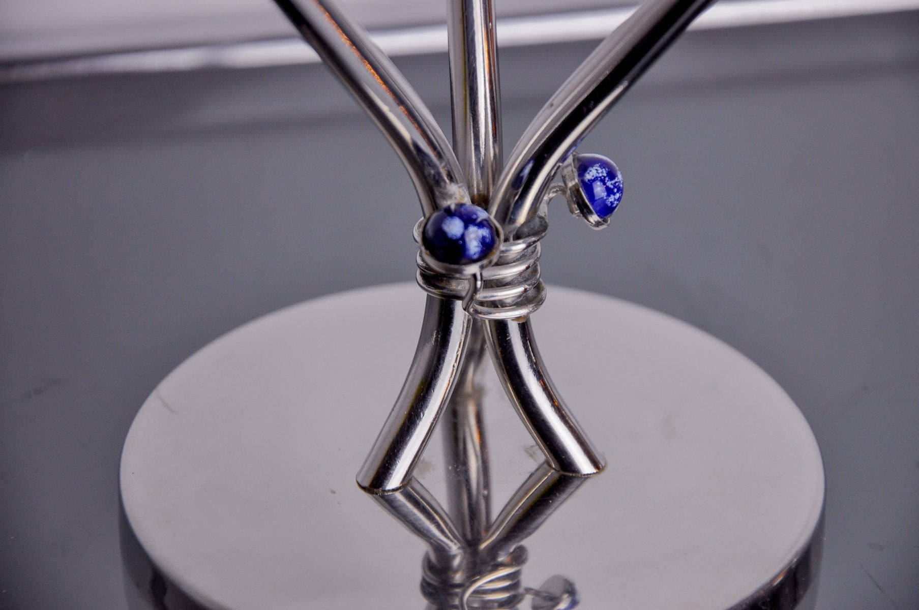 Art Deco Candlesticks in Stainless Steel with 3 Flames and Blue Stones, Spain, 1970s, Set of 2