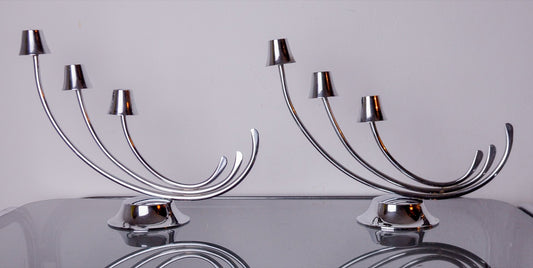 Art Deco Candlesticks in Stainless Steel with 3 Flames, Spain, 1970s, Set of 2