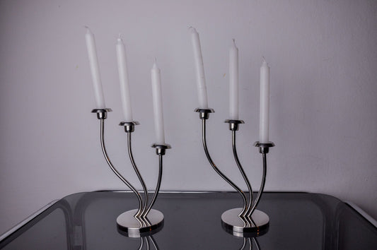 Art Deco Candlesticks in Stainless Steel with 3 Flames, Spain, 1970s, Set of 2